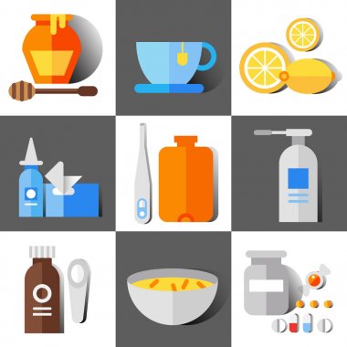 Soğuk algınlığı ve grip, düz vektör Icon set