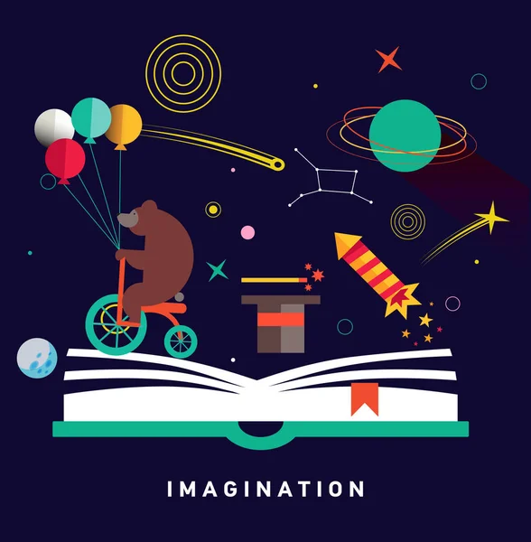 Concept d'imagination avec livre ouvert — Image vectorielle