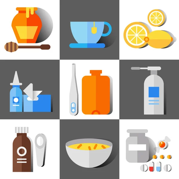 Flat vector icon set of cold and flu — Stock Vector