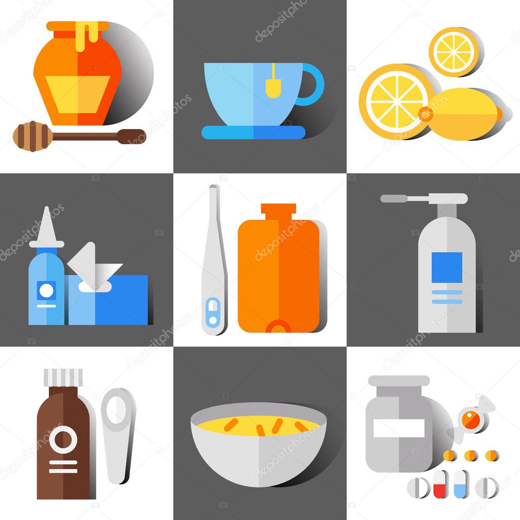 Flat vector icon set of cold and flu