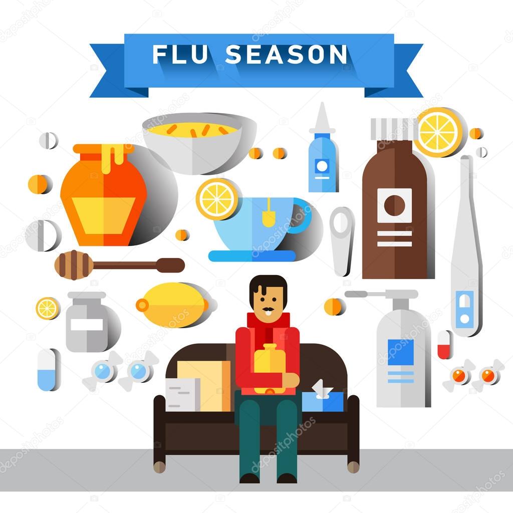 Flat vector icon set of cold and flu season