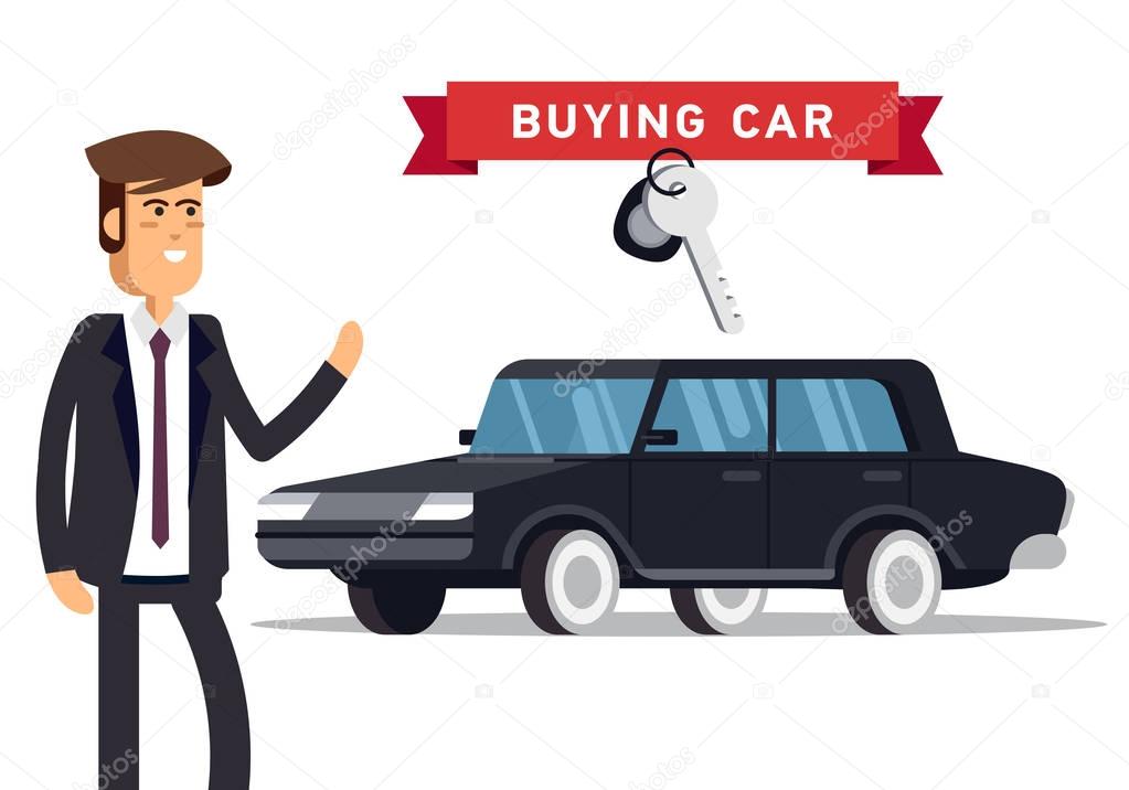 Design concept of choice car and buying. Vector cool illustration in flat style. Vector detailed character buyer and black automobile.