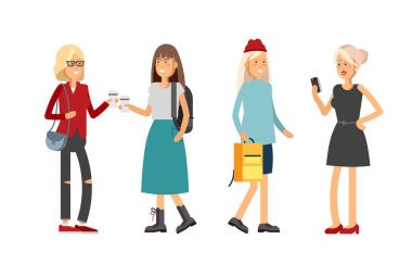 Düz illustratuion kitap olan öğrenciler kümesi. Moda