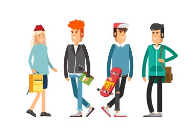 Öğrenciler kümesi düz illustratuion. Fashio modern insan.