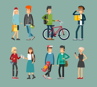 Öğrenciler kümesi düz illustratuion. Fashio modern insan.