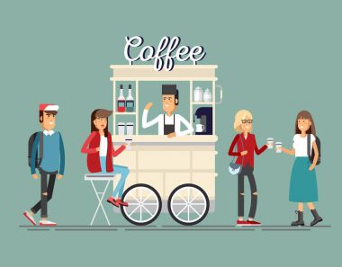 Ayrıntılı yaratıcı sokak kahve sepeti vektör ya da espresso makinesi, şurubu şişeleri ile alışveriş