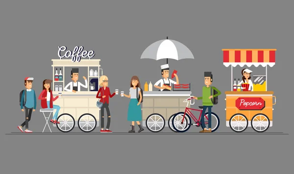 Creative detailed vector street coffee cart, popcorn and hotdog shop with sellers — Stock Vector