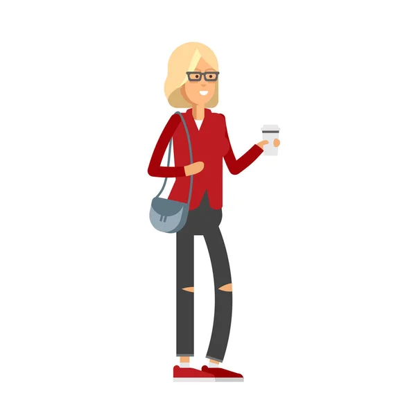 Illustration vectorielle plat fille prendre un café et marcher . — Image vectorielle