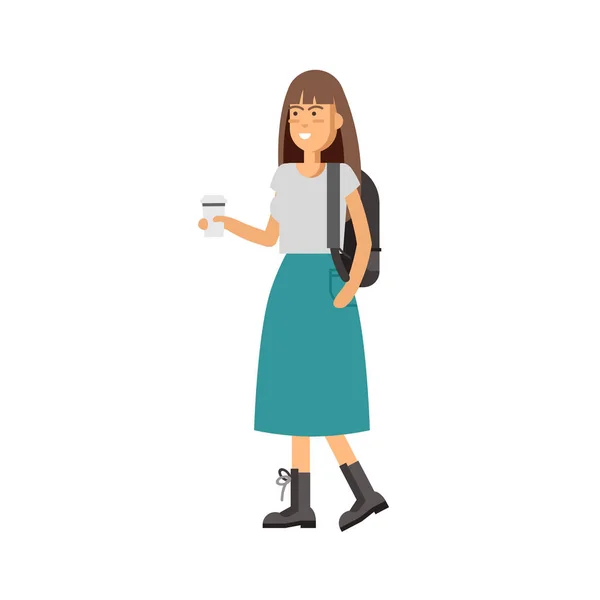 Плоска векторна ілюстрація дівчина має каву і ходьбу . — стоковий вектор