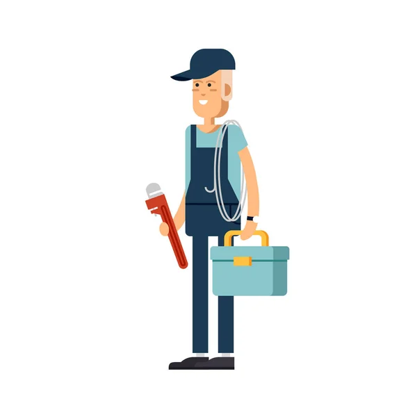 Cool vector plumber male character standing holding tool — Stock Vector