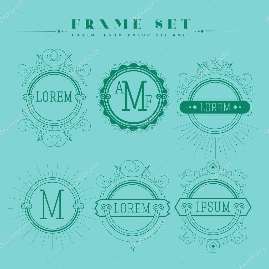 Luxury, classic, art deco, linear, minimal, hipster geometric, vintage, monogram. Set of frame , border  label for your logo badge or crest Business Identity