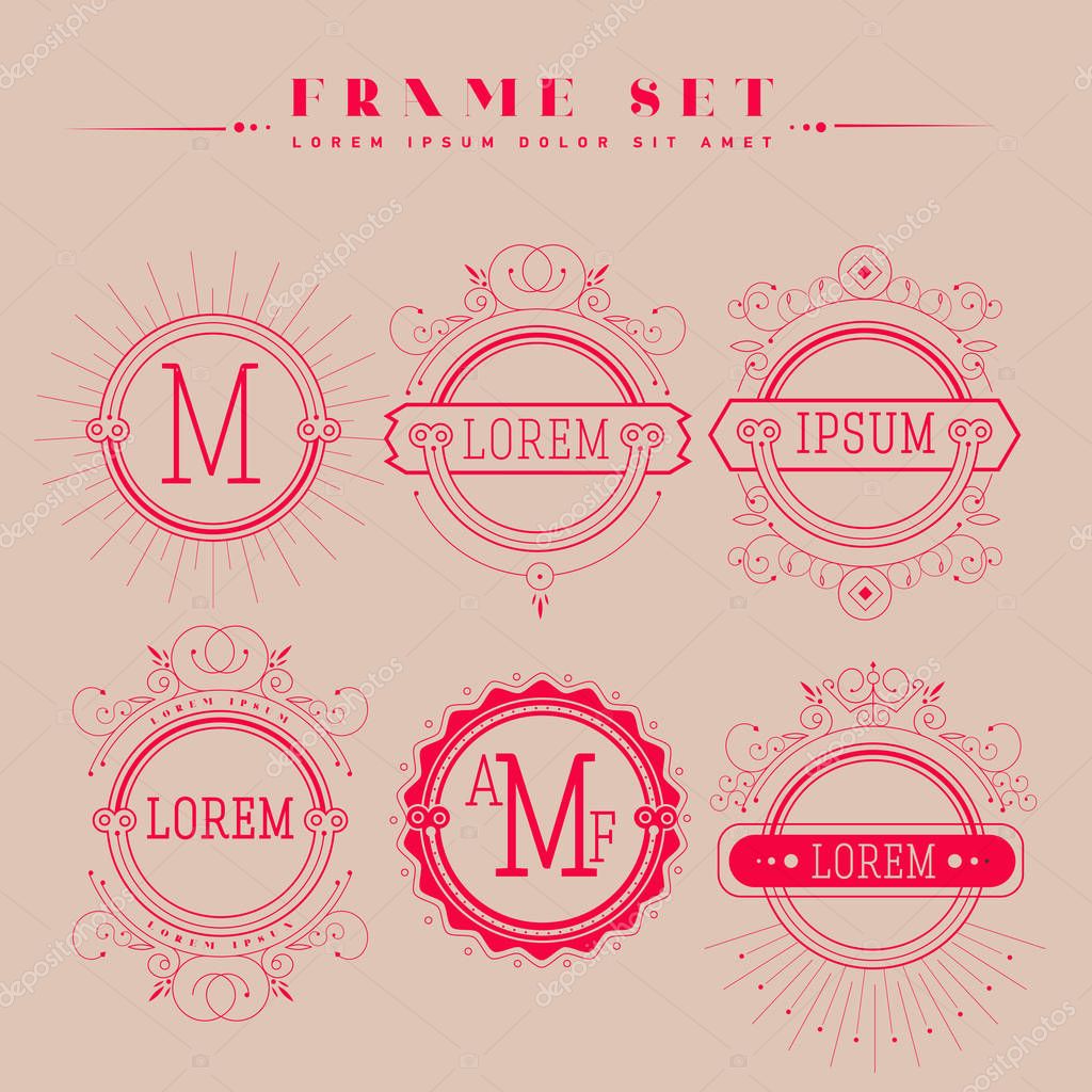 Luxury, classic, art deco, linear, minimal, hipster geometric, vintage, monogram. Set of frame , border  label for your logo badge or crest Business Identity