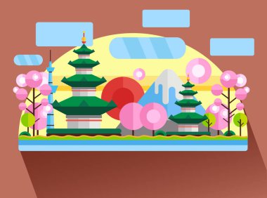 Çin, Japonya. Renkli düz resimde