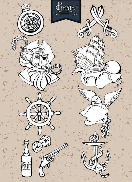 Conjunto de iconos de dibujo a mano y silueta aventura pirata — Vector de stock