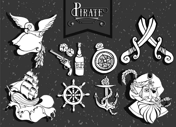 Jeu d'icônes de dessin à la main et aventure pirate silhouette — Image vectorielle