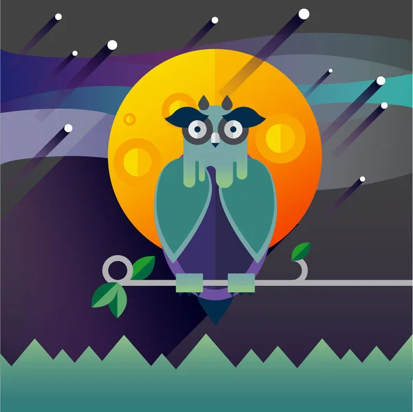Flat illustration with owl, moon, sky. — Stock Vector