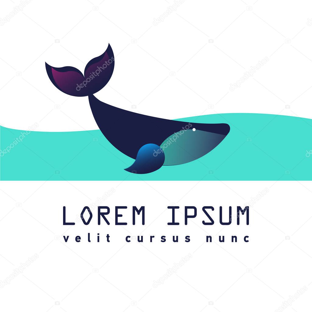 Flat whale logo, icon, symbol. Character cachalot illustration Wave