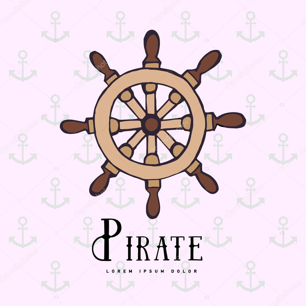 Marine helm wheel with sample typography. Hand drawing symbol haelm. Laybel for sea ship, marine equipment, captain