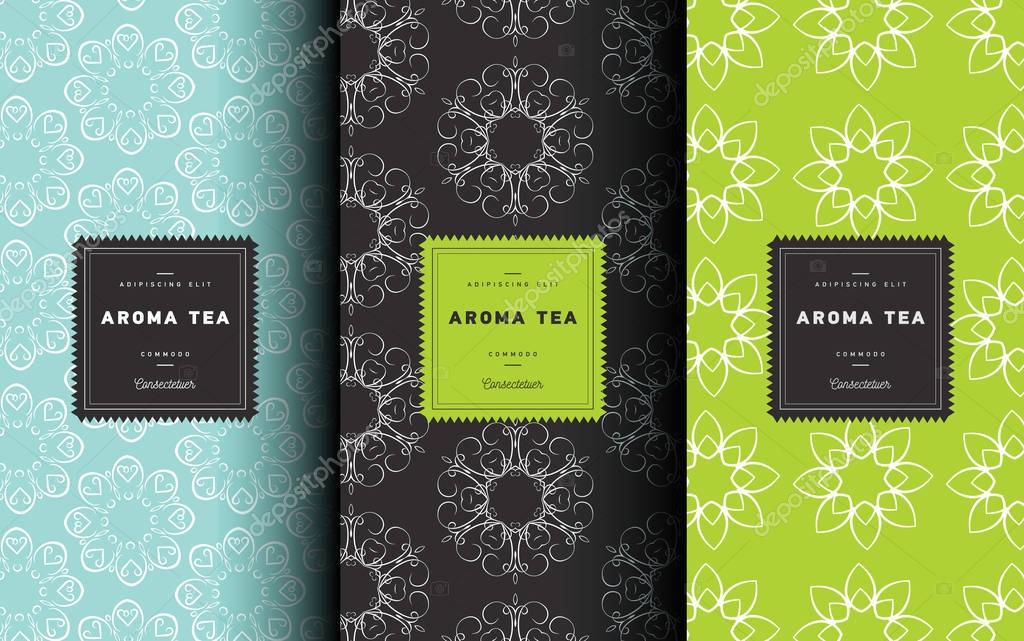 Vector set of design elements and icons in trendy linear style for tea package - white,black and green tea.