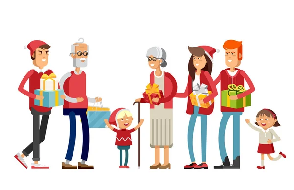 Big happy family in Christmas hats. — Stock Vector