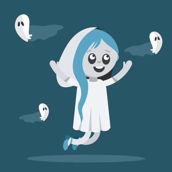 Cute kid in a ghost costume celebrating Halloween — Stock Vector