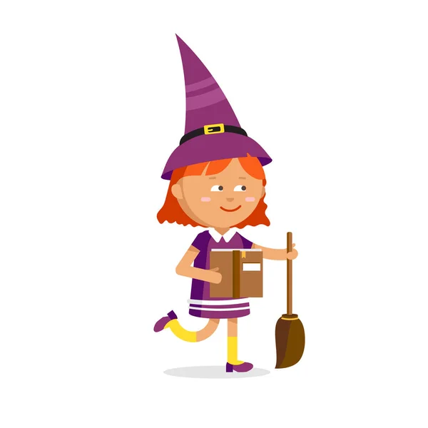 Little witch, cute cartoon girl — Stock Vector