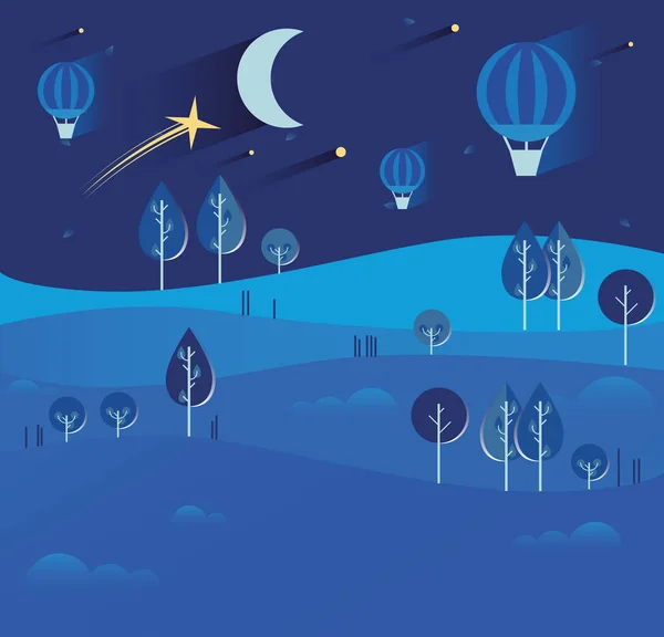 Paisaje nocturno con estrellas y luna, globos aerostáticos, tractor , — Archivo Imágenes Vectoriales