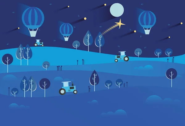 Night landscape with stars and moon, hot air balloons, tractor,