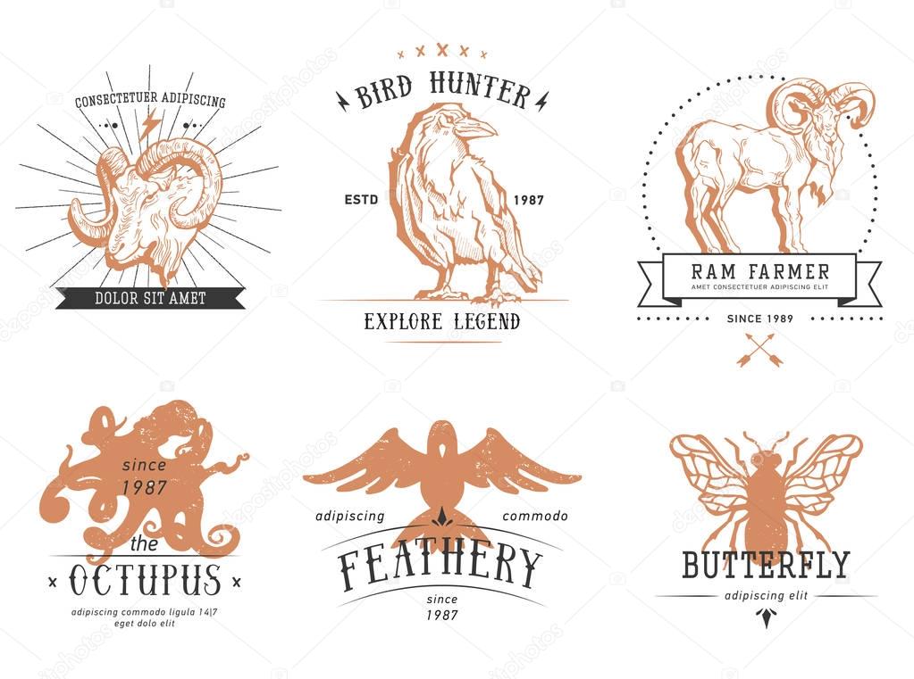 Vintage set animal labels and badges. Retro vector design graphic element, emblem. Set animals logo. Hipster sign
