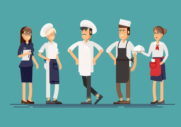 Lovely line-up grupo de personagens da equipe do restaurante —  Vetores de Stock