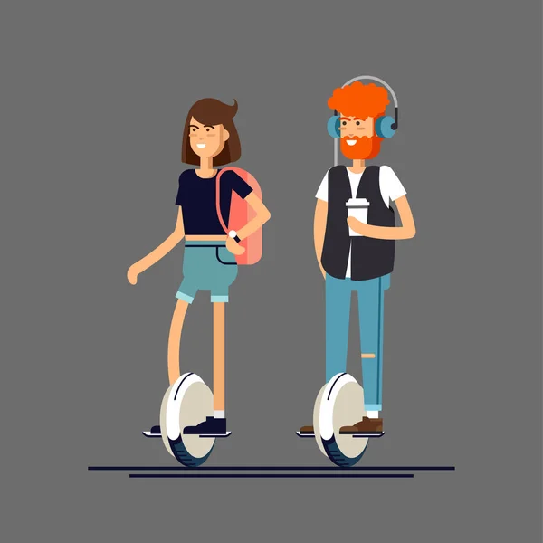 Jovem homem e mulher na roda mono scooter elétrico —  Vetores de Stock