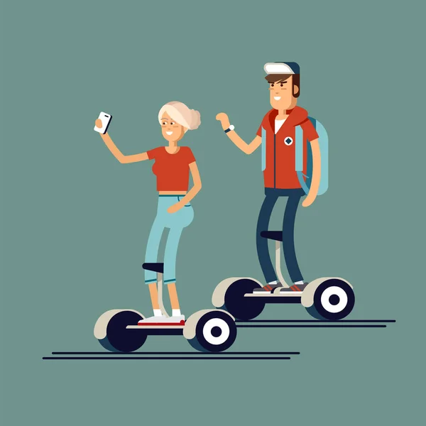 Vector illustration of woman and man on gyroscooters — Stock Vector