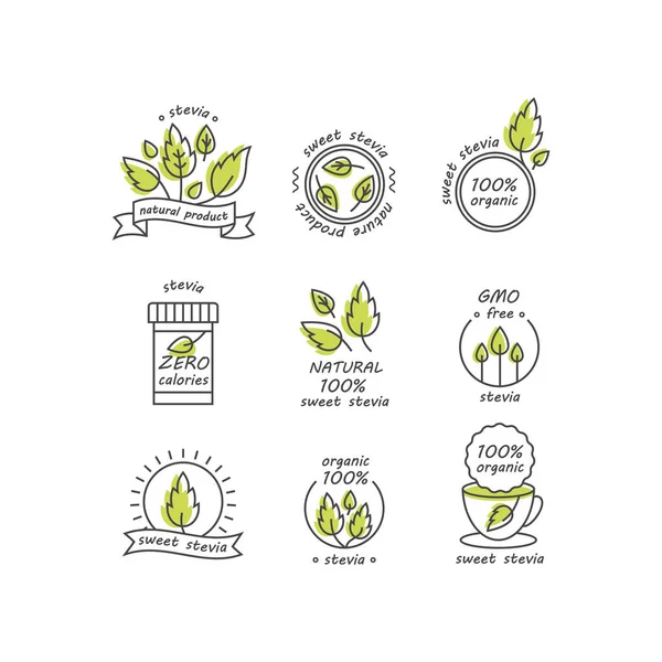 Διάνυσμα σύνολο stevia ετικέτες, εμβλήματα, λογότυπα, εικονίδια. Στοιχείο σχεδιασμού φυσική γλυκαντική ουσία. Βιολογική stevia εικονίδιο απομονωμένη. Οικολογικός σχεδιασμός σήμα ασφαλής η Στέβια. — Διανυσματικό Αρχείο