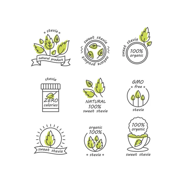 Vektör stevia etiketleri, logolar, rozetleri, simgeler kümesi. Doğal tatlandırıcı tasarım öğesi. İzole organik stevia simgesi. Çevre güvenli stevia rozet tasarım.