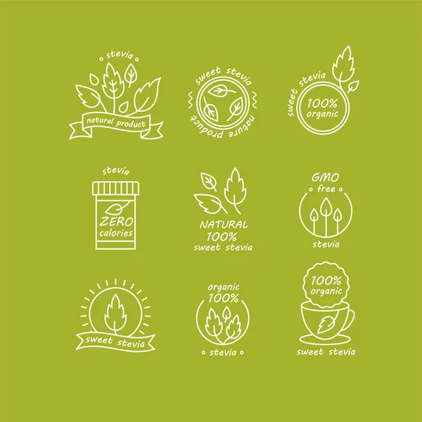 Vektör stevia etiketleri, logolar, rozetleri, simgeler kümesi. Doğal tatlandırıcı tasarım öğesi. İzole organik stevia simgesi. Çevre güvenli stevia rozet tasarım. — Stok Vektör
