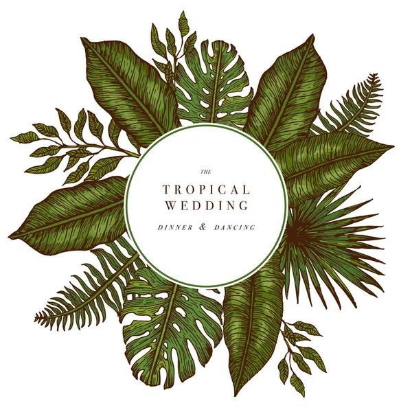 Tropische Palmenblätter. Dschungel-Runde Hochzeitseinladung. Designvorlage. Vektorillustration — Stockvektor