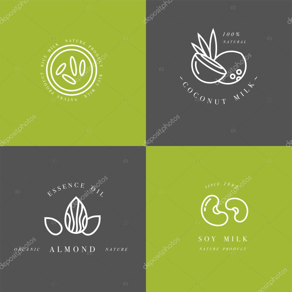 Vector set of packaging design elements and icons in linear style - almond, coconut, rice and soy milk - healthy vegan drinks. Logo sign