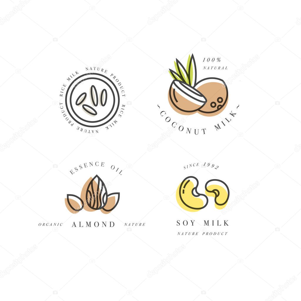 Vector set of packaging design elements and icons in linear style - almond, coconut, rice and soy milk - healthy vegan drinks. Logo sign