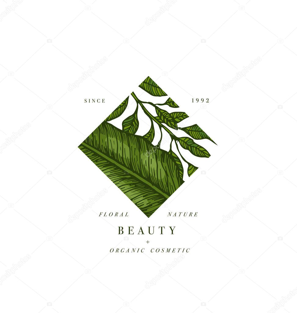 Simple logo. Engraved logotype. Tropical beauty salon and organic cosmetic symbol. Vector illustration