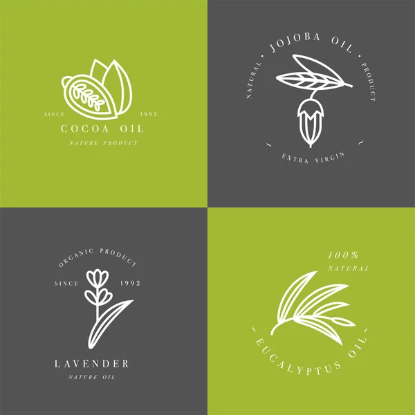 Vector set verpakking ontwerpsjablonen en emblemen - schoonheids- en cosmetica-oliën - cacao, eucalyptus, lavendel en jojoba — Stockvector