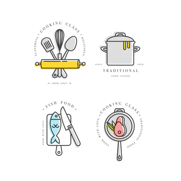 Clase de cocina Elementos de diseño lineal, emblemas de cocina, símbolos, iconos o etiquetas de estudio de alimentos y colección de insignias . — Archivo Imágenes Vectoriales