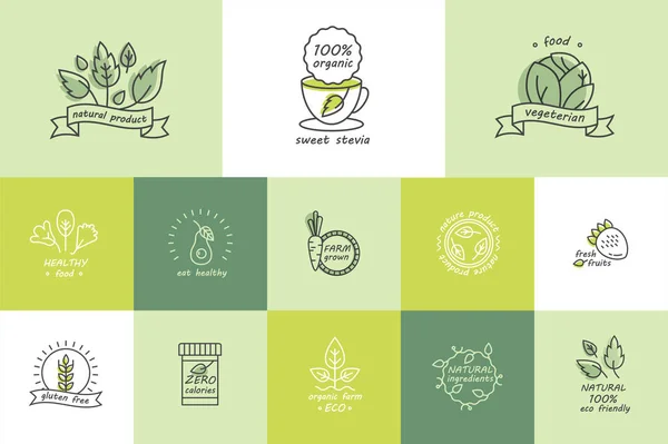 向量组的有机产品标签和徽章-不同的图标和插图相关新鲜和健康的食品的集合 — 图库矢量图片