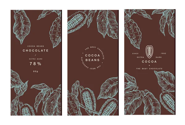 Kakao çekirdeği ağaç afiş koleksiyonu. Tasarım şablonları. Oyulmuş stil illüstrasyon. Çikolata kakao çekirdeği. Vektör çizim — Stok Vektör