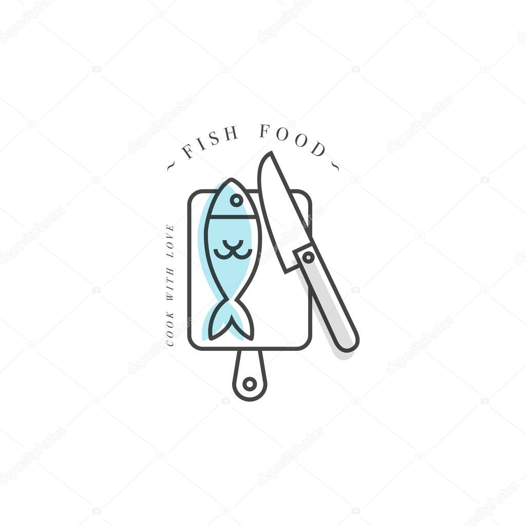 Cooking class linear design element, kitchen emblem, symbol, icon fish food
