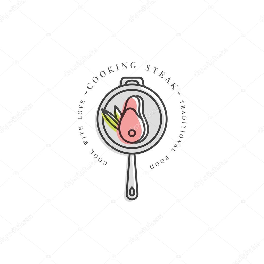 Cooking class linear design element, kitchen emblem, symbol, icon or steak cooking label. Logotype of grilled meat on a frying pan
