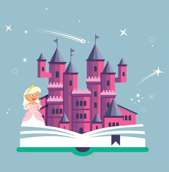 Imagination concept with opened book pink castle. Fairy, magical adventure boo — Stock Vector