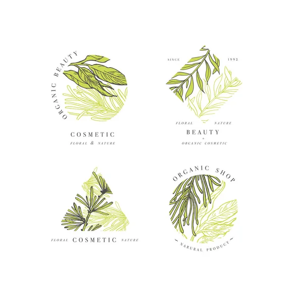 간단한 로고 컬렉션입니다. 새겨진된 로고 세트입니다. 식물 뷰티 살롱 및 유기 화장품 기호 — 스톡 벡터