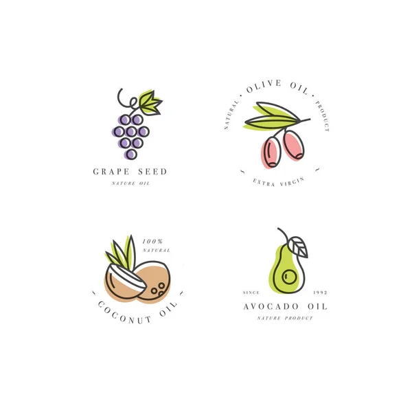 Conjunto vectorial de plantillas y emblemas de diseño de envases en estilo lineal: aceites de belleza y cosméticos — Vector de stock