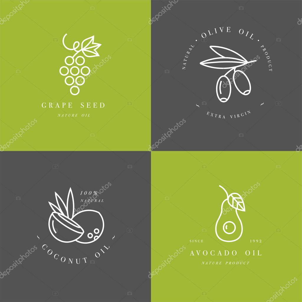 Vector set of packaging design templates and emblems in linear style - beauty and cosmetics oils - coconut, avocado, olive and grape seed