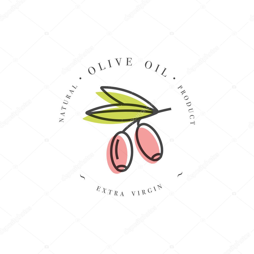 Vector set of packaging design element and icon in linear style - olive oil - healthy vegan food. Logo sign. Extra virgin olive oil